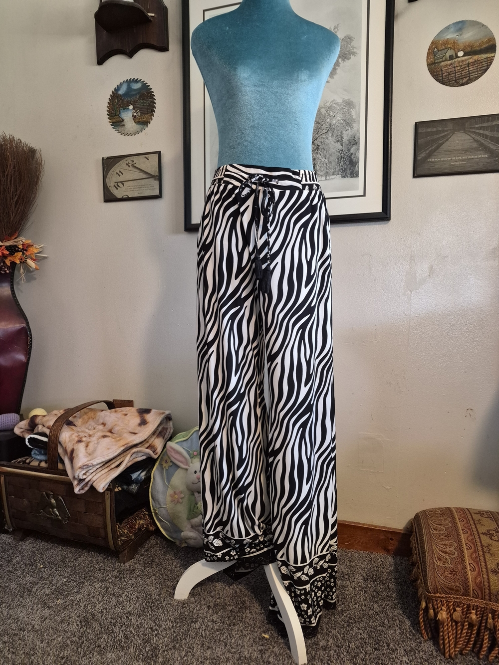 Lildy Zebra Print Tassel Tie Palazzo Pants L/XL